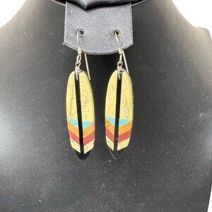 Vintage Signed Santo Domingo Multi-stone Inlay Feather Earrings by Rudy Coriz 2"